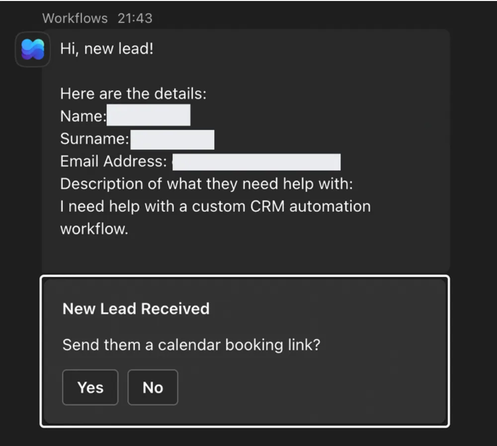 Teams message showing a new lead with a button to send a booking link